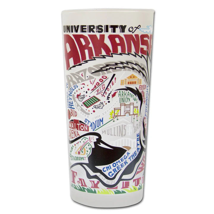 university of arkansas drinking glass with colorful icons of the razorbacks and campus highlights.