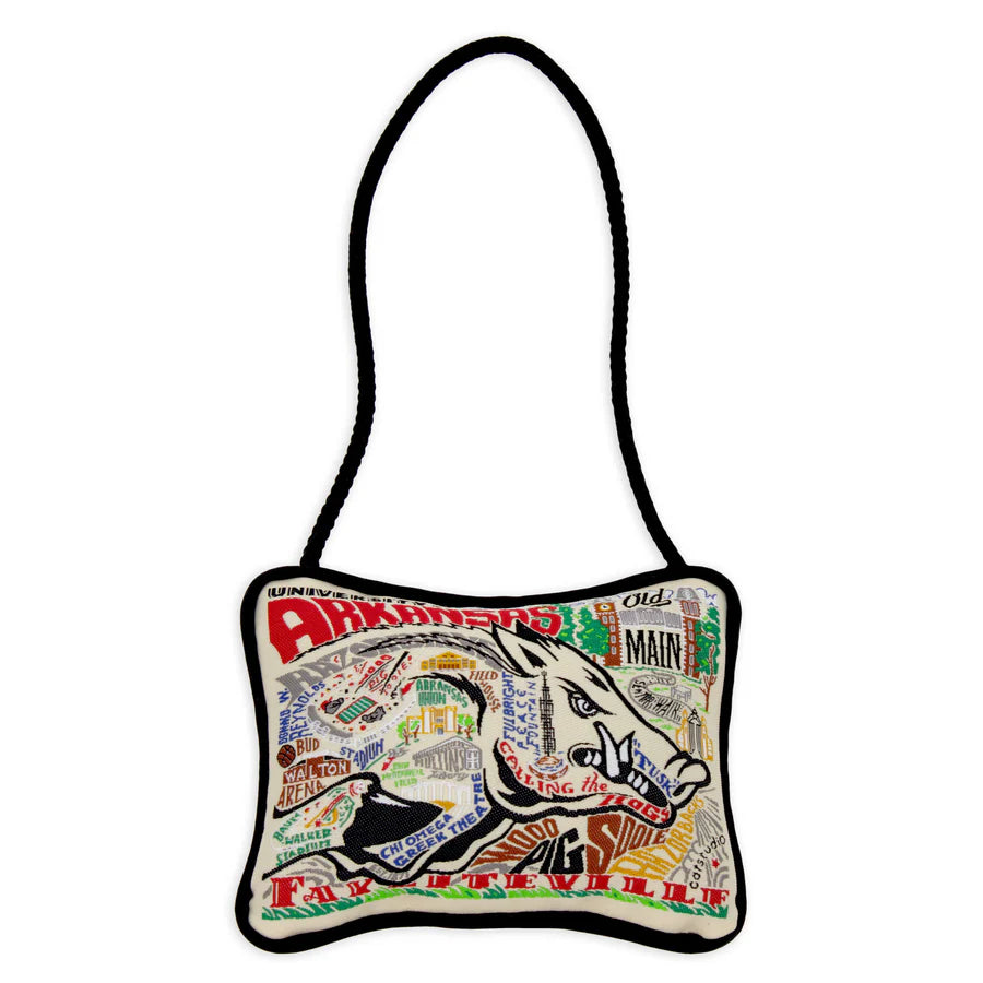 University of Arkansas Mini Pillow with black cord hanger shown on a white background