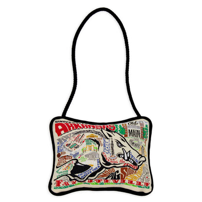 University of Arkansas Mini Pillow with black cord hanger shown on a white background