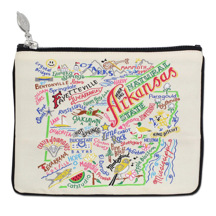 Arkansas zipper Pouch with map of Arkansas and state icon and black piping