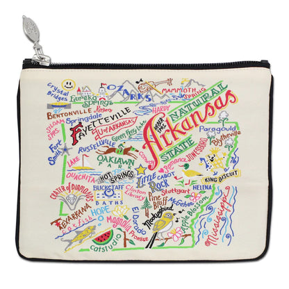 Arkansas zipper Pouch with map of Arkansas and state icon and black piping