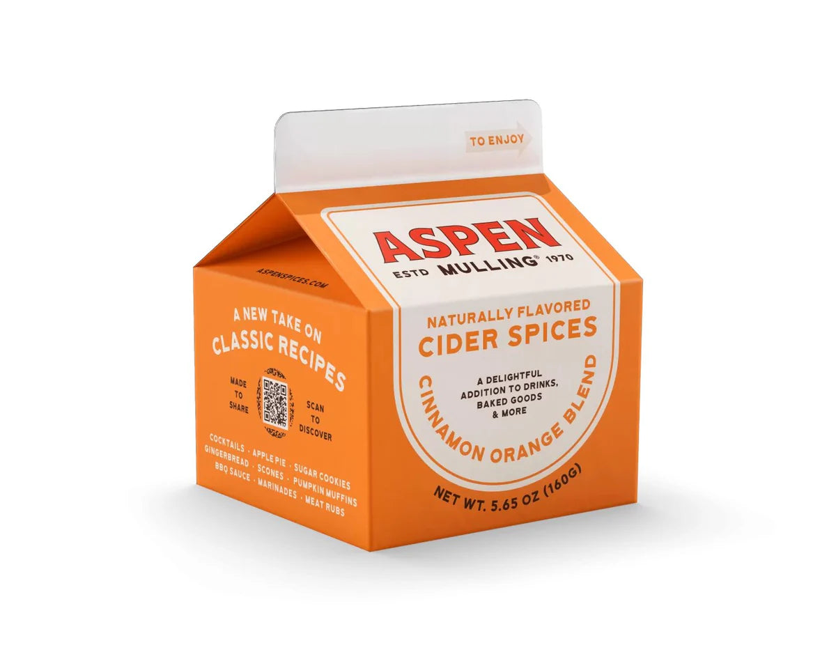 Carton of Cinnamon Orange Blend Aspen Mulling Spice against a white background