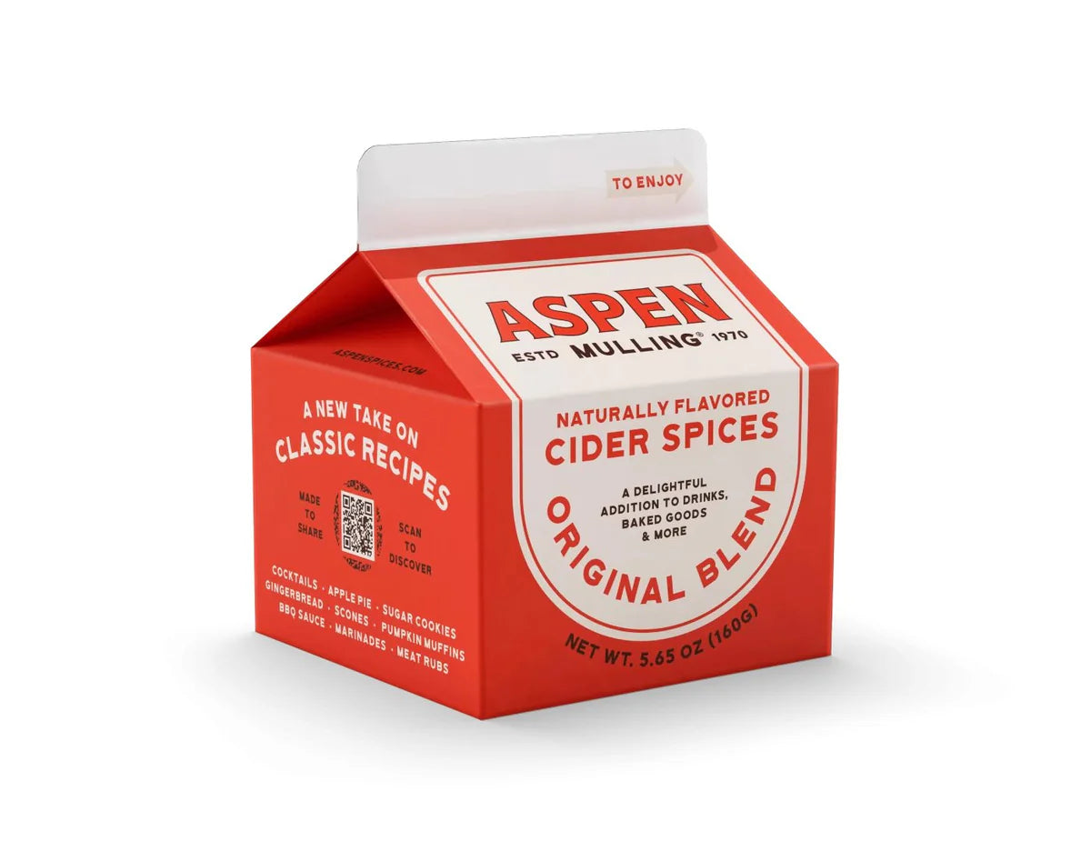 red Carton of Original Blend Aspen Mulling Spice cartons on a white background.