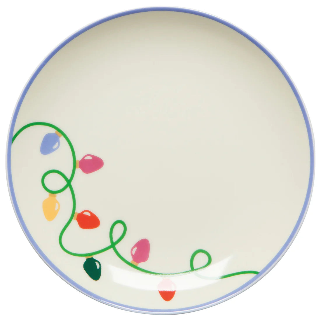 white plate with christmas lights pattern on one side.