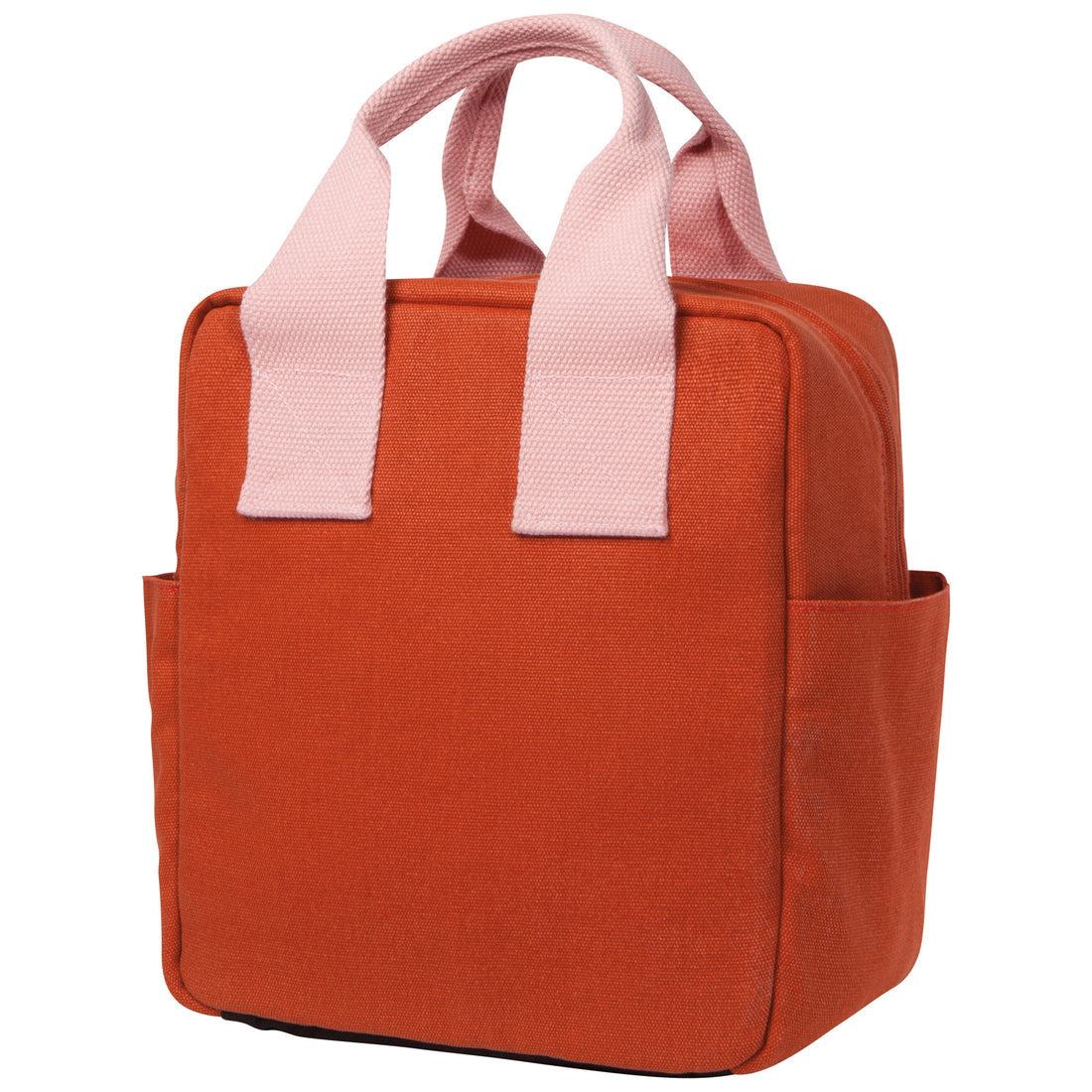 rust colored lunch tote with light pink handles