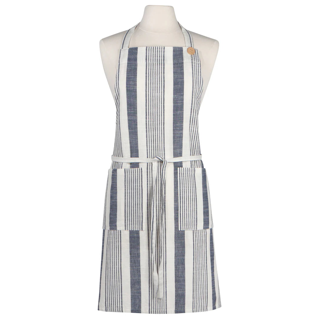 blue and white striped apron on a mannequin.