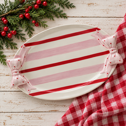 pink and red striped platter with bow handles on each end set on a wooden table with a red gingham dishtowel and a sprig of greenery