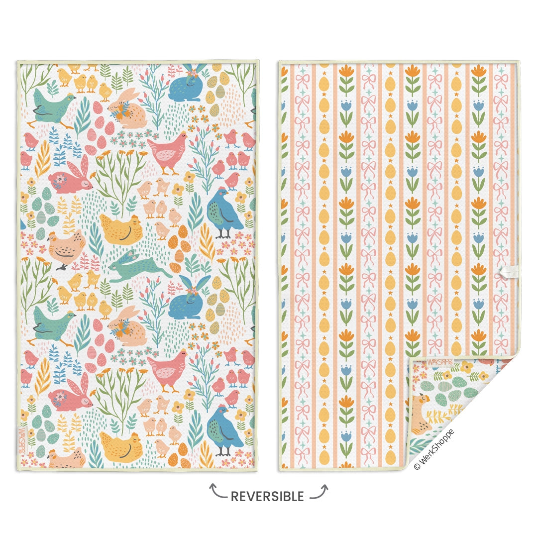 springtime friends microfiber dishtowel on a white background