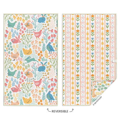 springtime friends microfiber dishtowel on a white background
