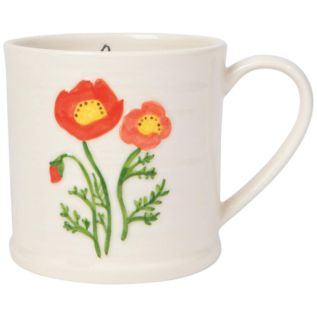white mug with an embossed sprig of poppy on it