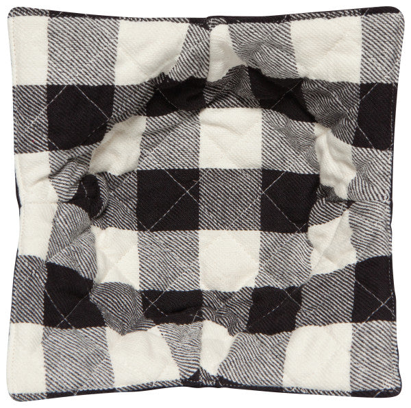 top view of the black and white checked bowl cozy