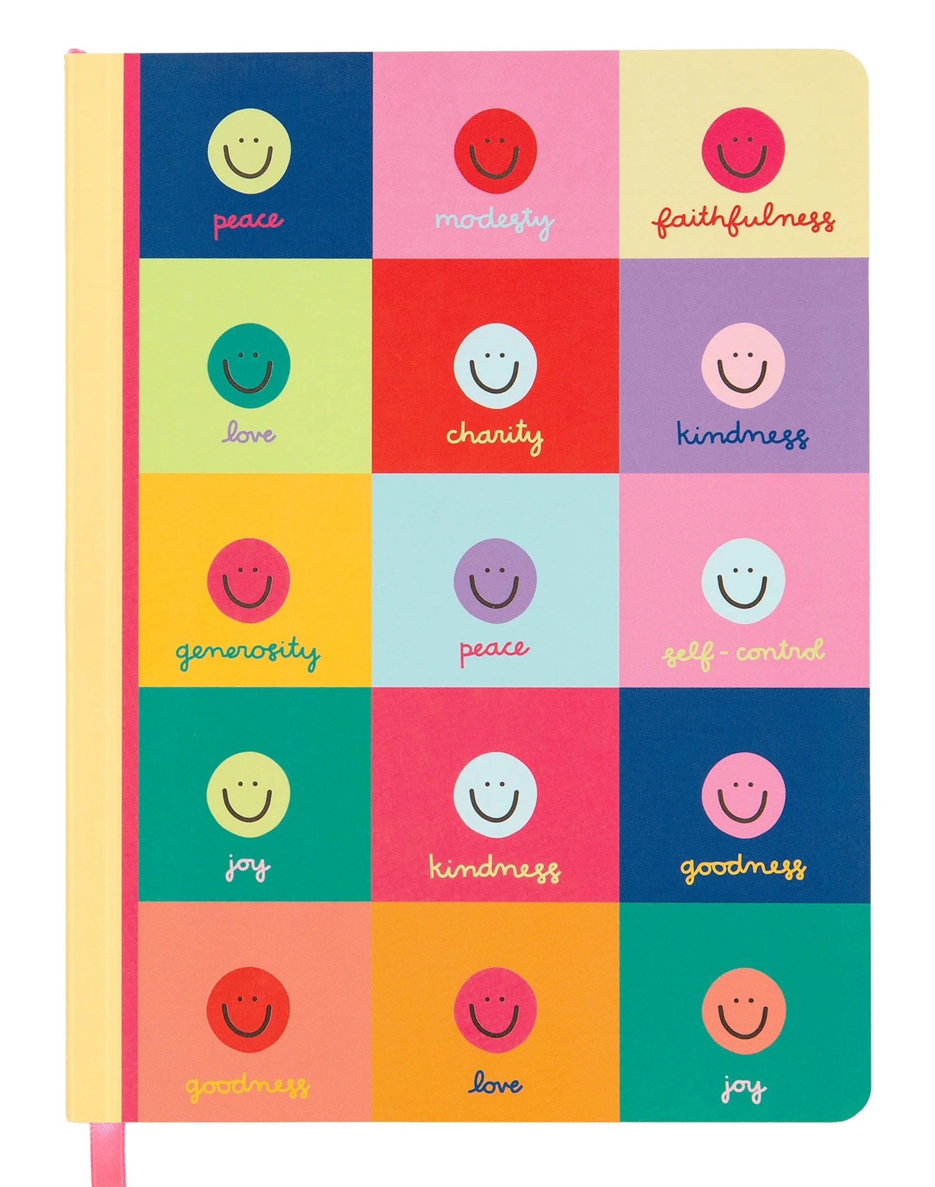 Colorful notebook with smiley face designs and positive words on a checkered pattern