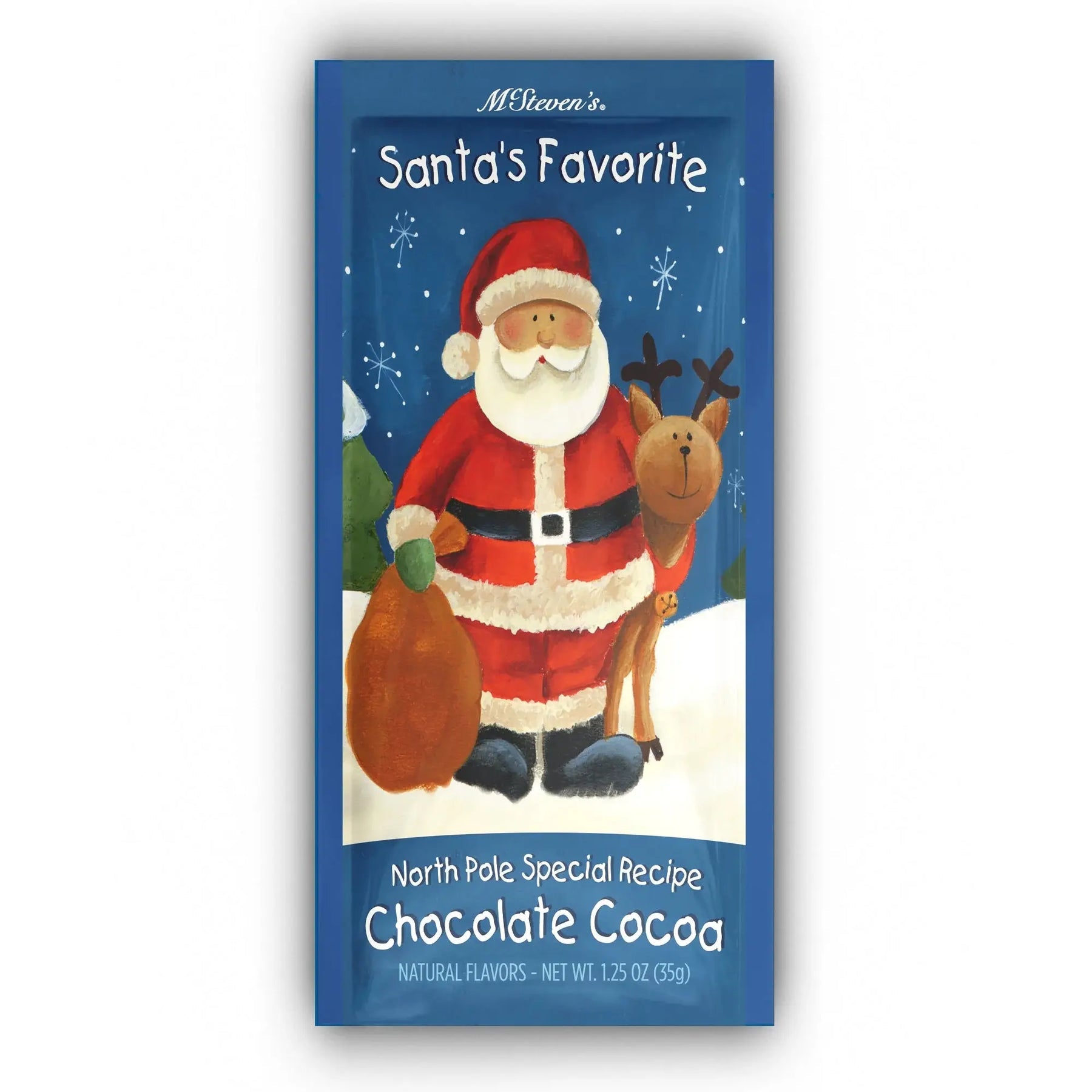 blue packet of Santa's Favorite Cocoa with image of santa and reindeer on the front