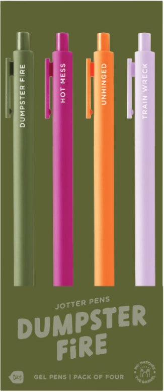 Four colorful pens with text in a green packing with text 'Dumpster Fire'.