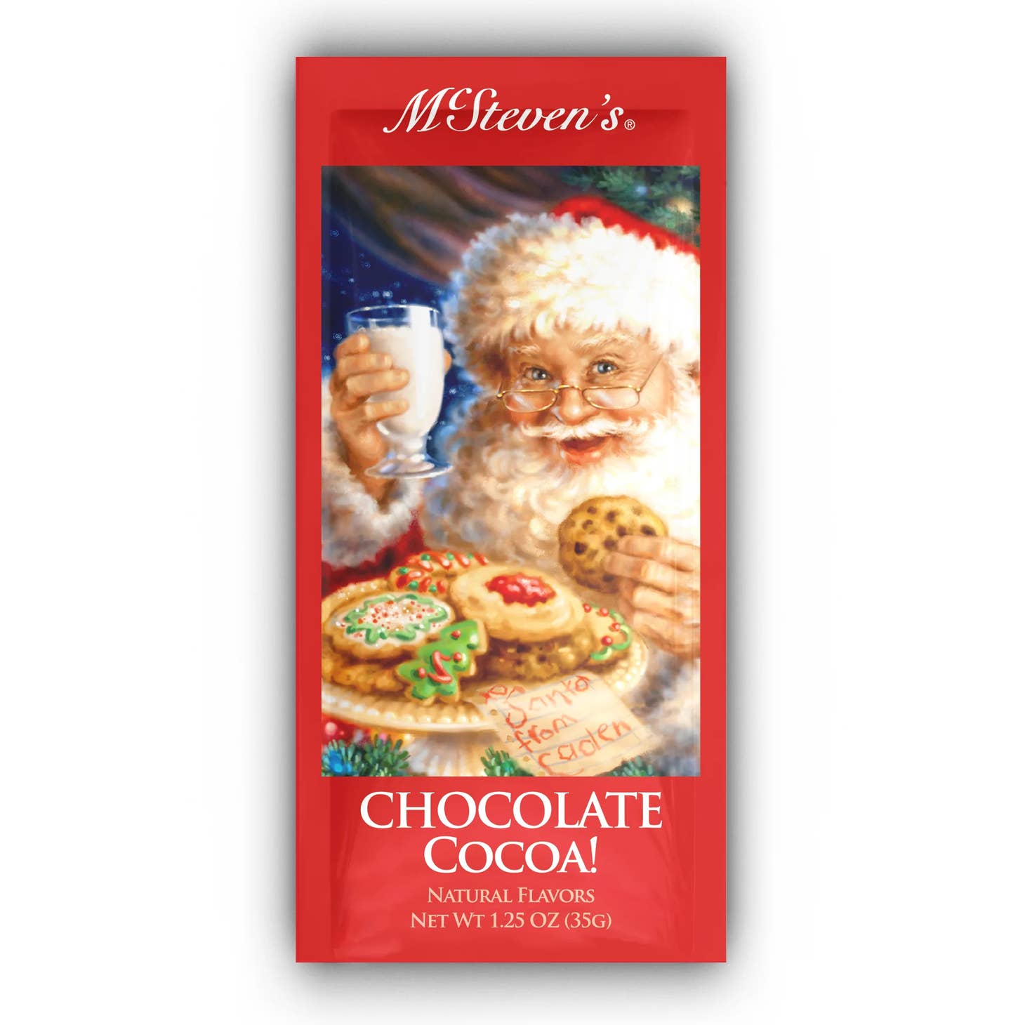 santa chocolate cocoa packet with santa eating a cookie printed on the front of the packet.