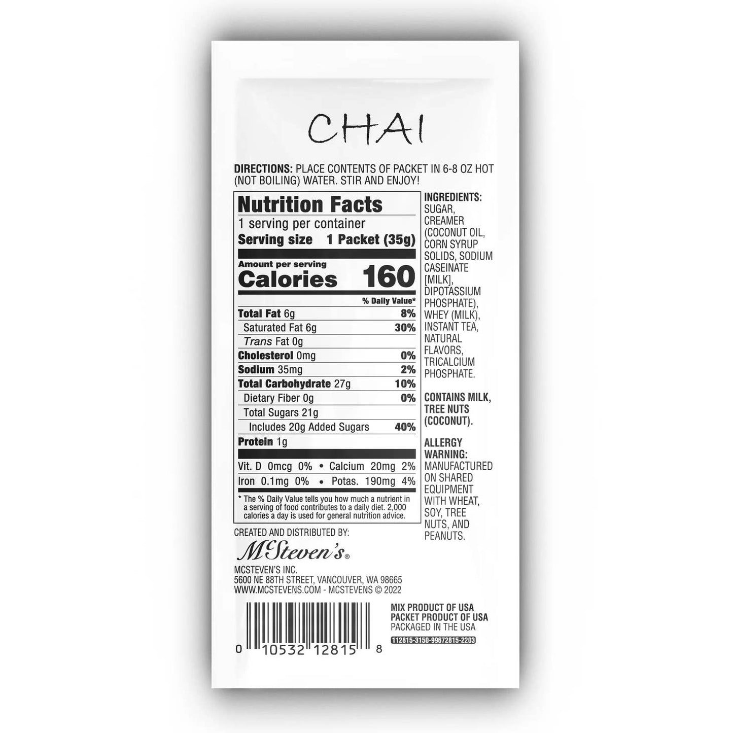 Image of the back of packet showing nurtrition facts and ingredient list. Please call 501-327-2182 for more information.