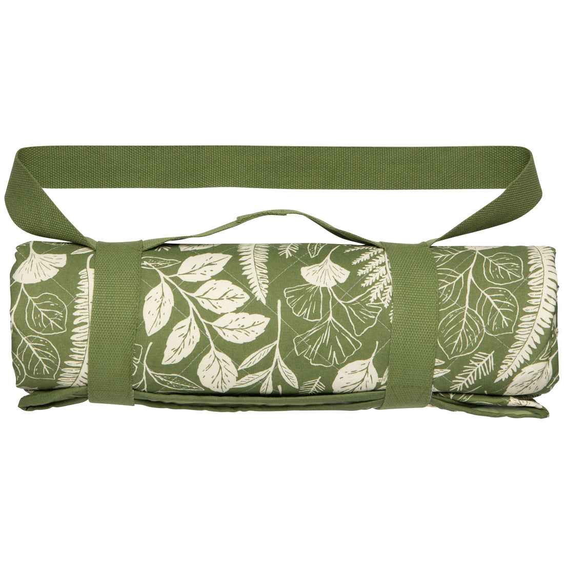 picnic blanket rolled up and secured with carrying strap