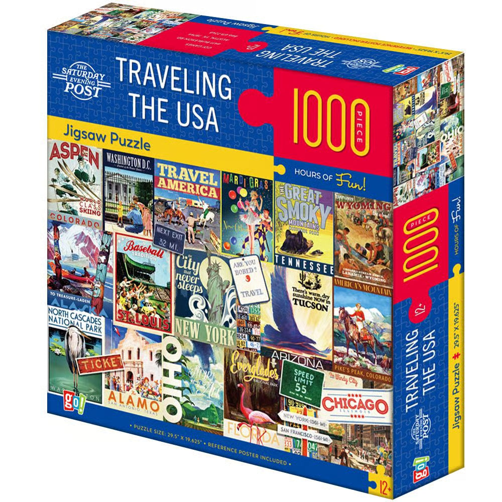 A boxed jigsaw puzzle package titled "Traveling the USA" showing a collage of vintage-style travel posters and signs across the front and side panels. 