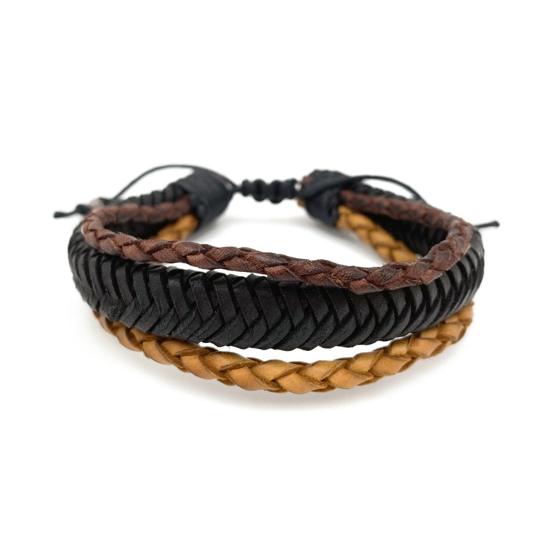 3 strands of braided leather bracelet on a white background.