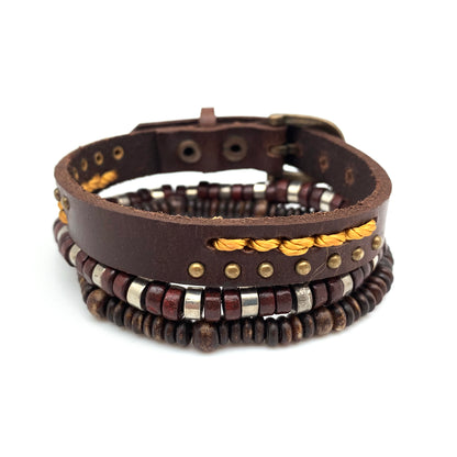 2 wood bead stretch bracelets and one leather band bracelet on a white background.