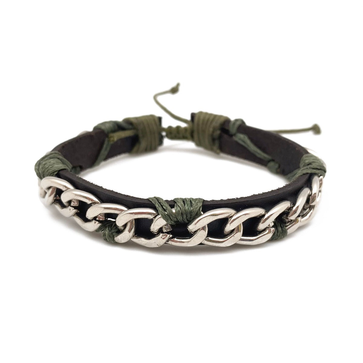 black leather band with chain bracelet on a white background.
