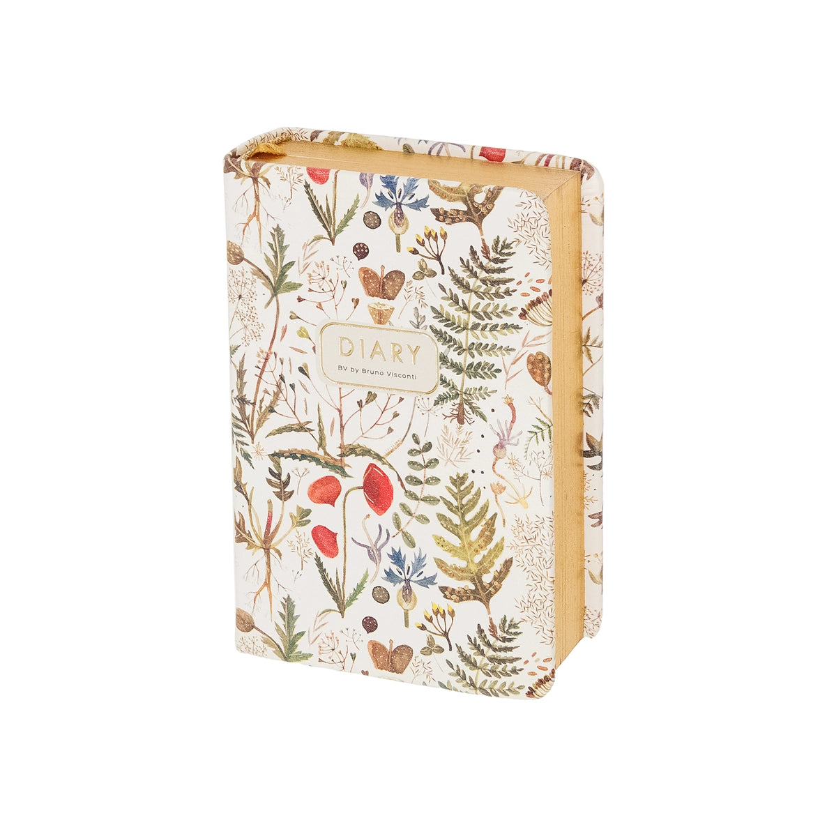 angled view of Floral-patterned notebook showing gold edge pages 