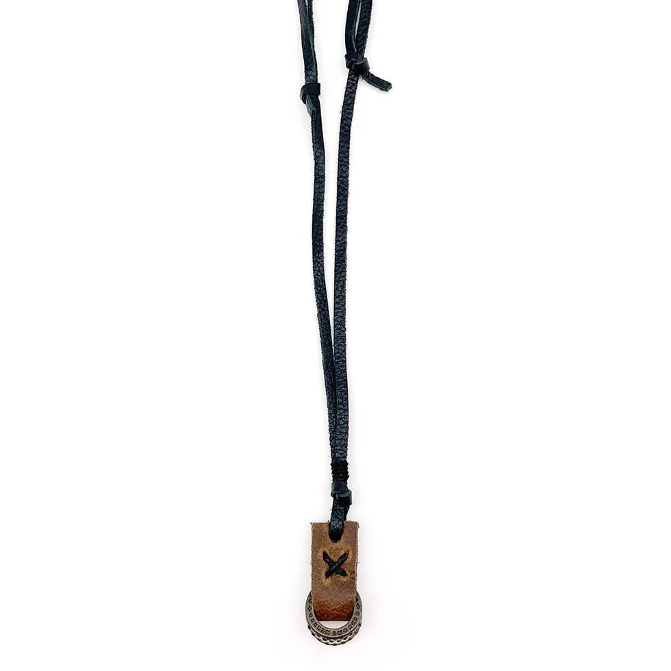 black leather necklace with brown leather and metal rings pendant