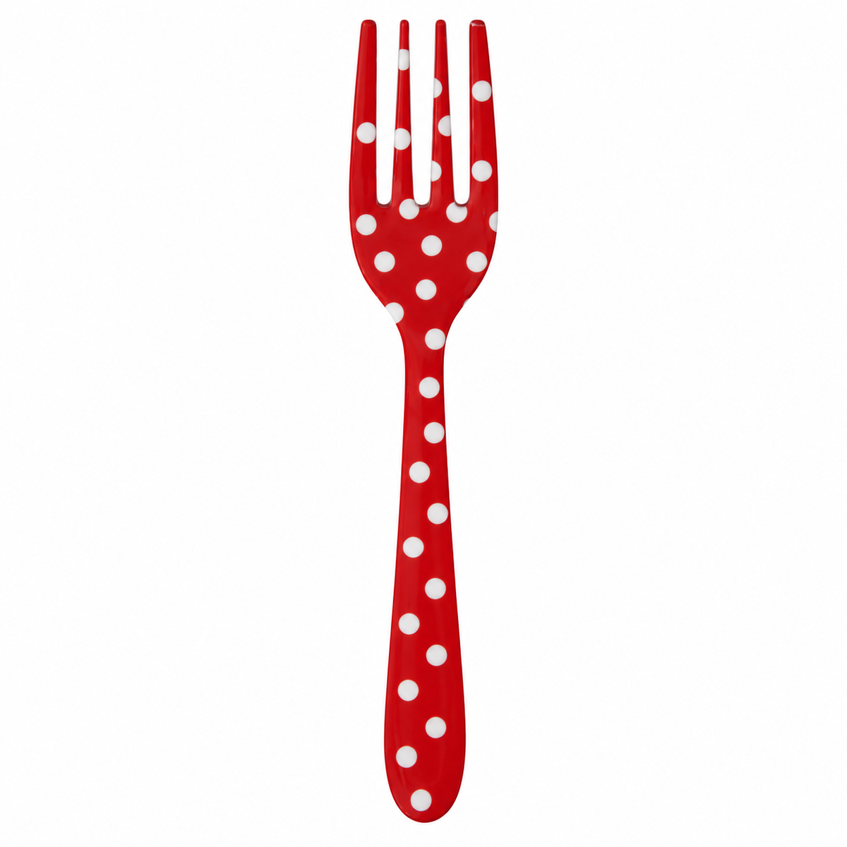 red small fork with white polka dots on it shown on a white background