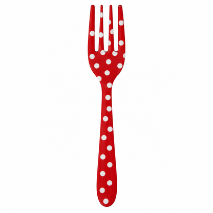 red small fork with white polka dots on it shown on a white background