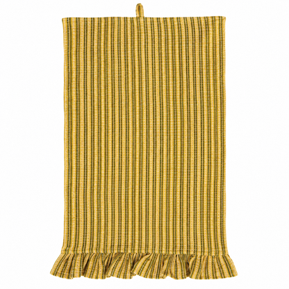 A yellow and green vertically striped kitchen towel with a ruffled hem and a hanging loop at the top, shown against a plain white background.