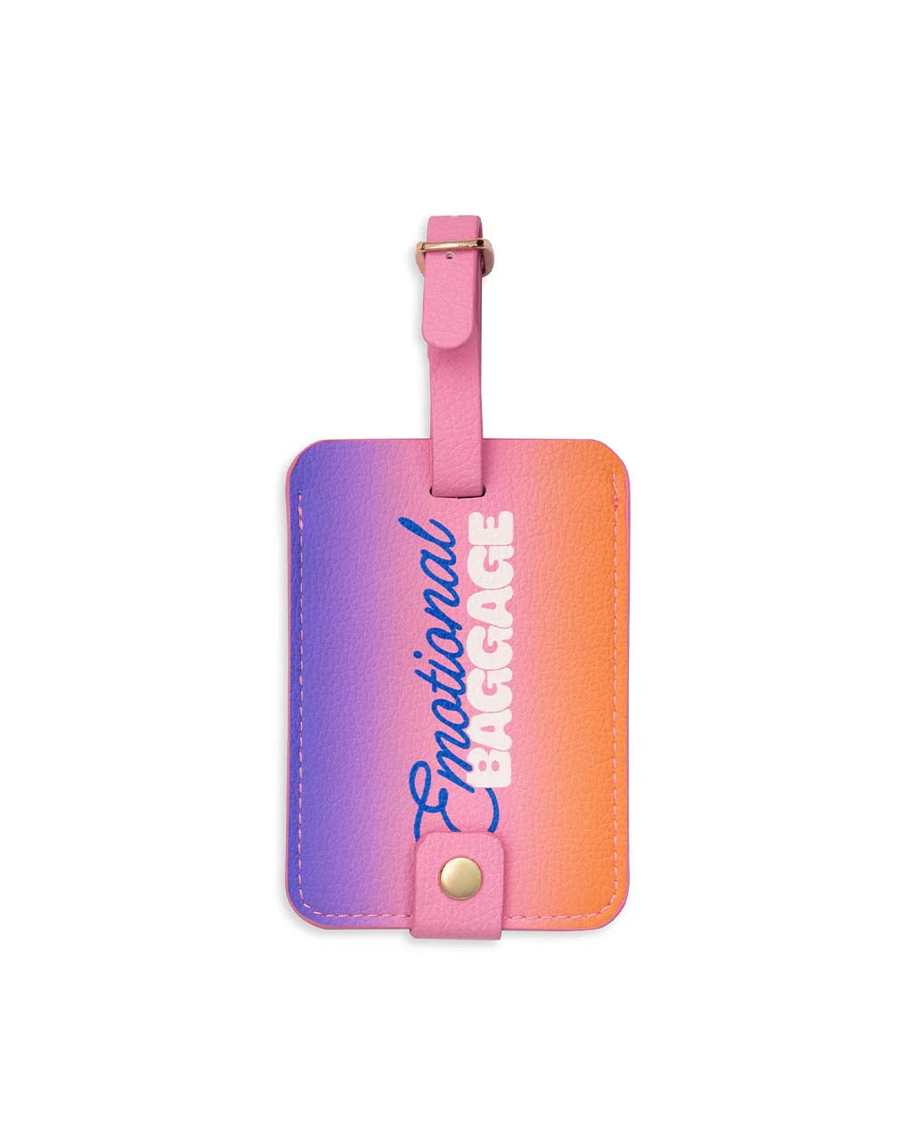 purple pink and orange luggage tag with " emotional baggage" printed in the middle.