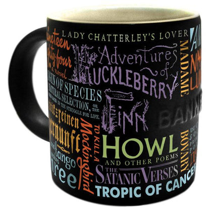 black mug with book titles in different colors