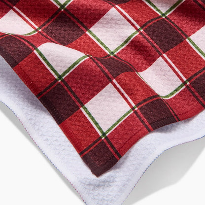 close-up of corners of Jingle Plaid Tea Towel