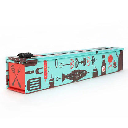 teal box with BBQ tools icons printed on Aluminum Foil Dispenser