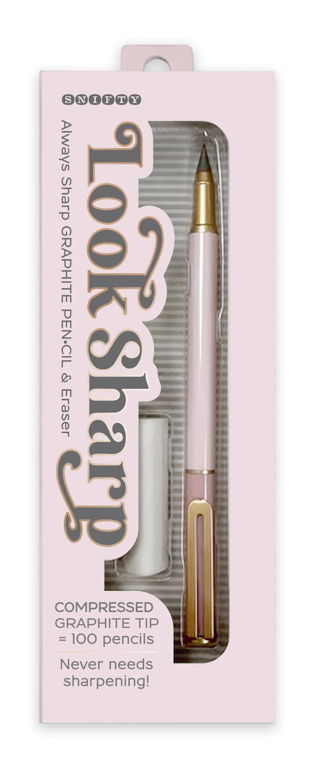 blush look sharp pencil in its box packaging with eraser.