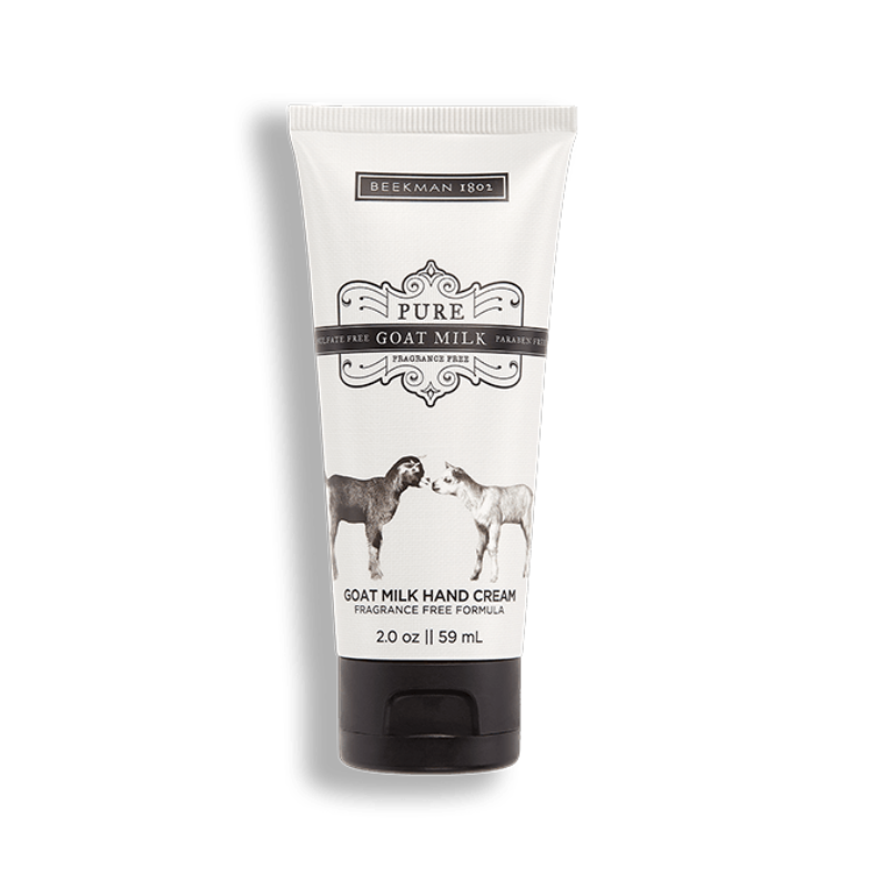 tube of pure goat milk hand cream with drawing of 2 goats on the label.