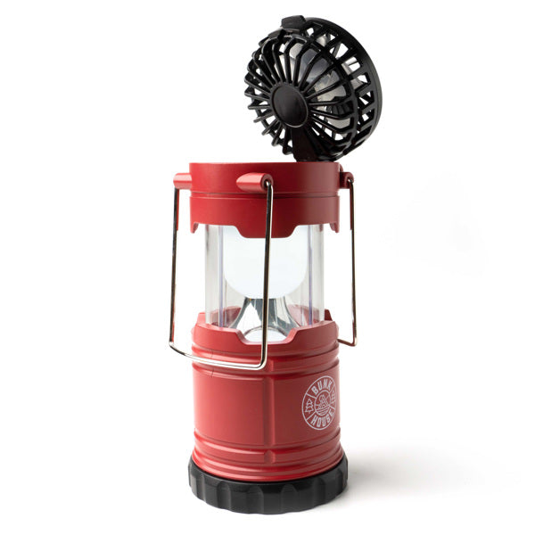 red Firefly 2-In-1 Rechargeable Lantern and Fan with the fan flipped up and displayed against a white background