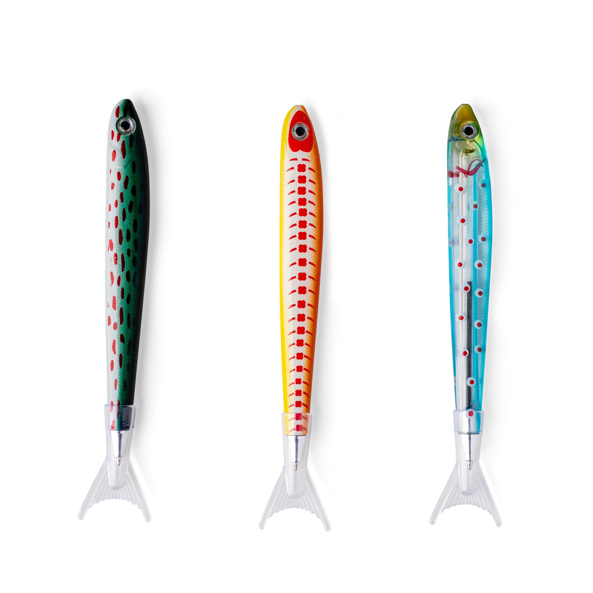 3 multi colored sardine pens on a white background