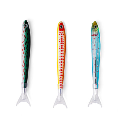 3 multi colored sardine pens on a white background