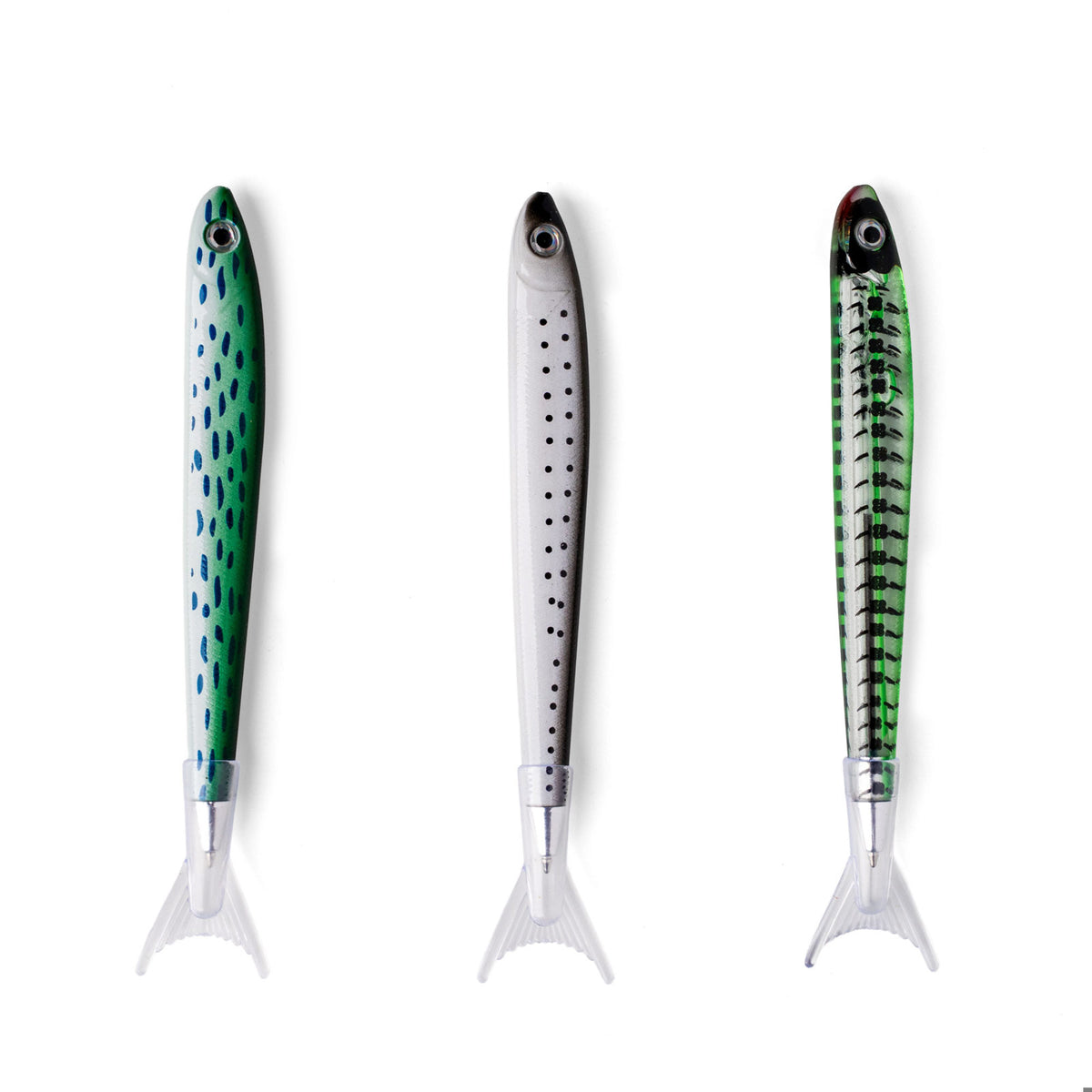 3 green and grey sardine pens on a white background