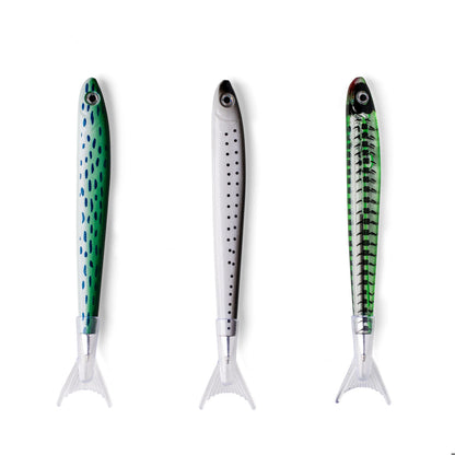 3 green and grey sardine pens on a white background