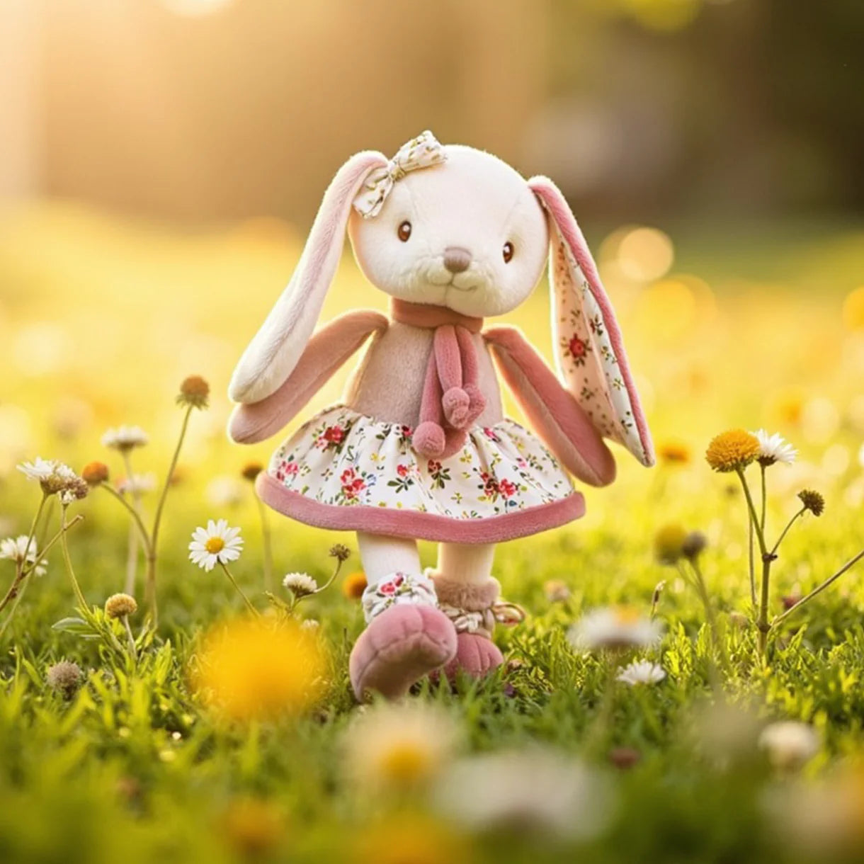 Plush rabbit toy in a field of flowers with a blurred natural background