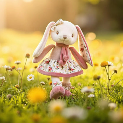 Plush rabbit toy in a field of flowers with a blurred natural background