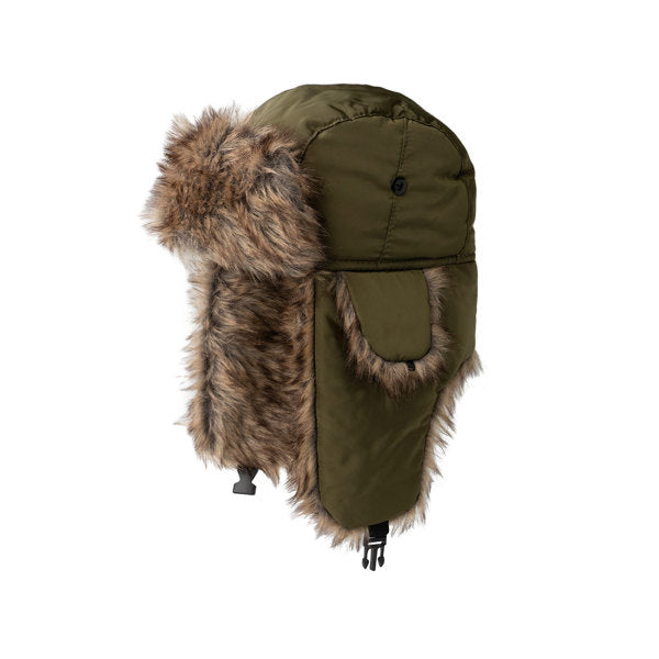 side view of the green aviator hat displayed against a white background