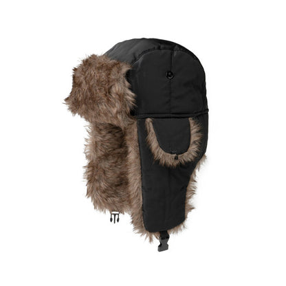 side view of the black aviator hat displayed against a white background