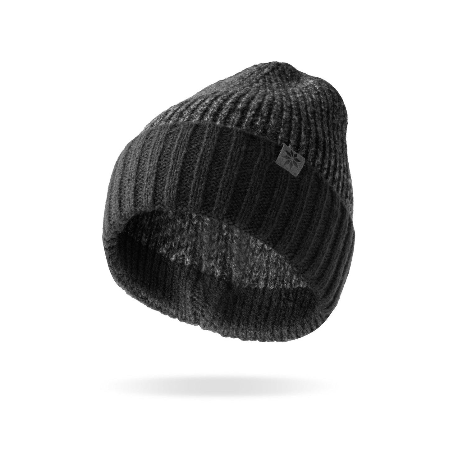 knit hat with black cuff and dark grey top