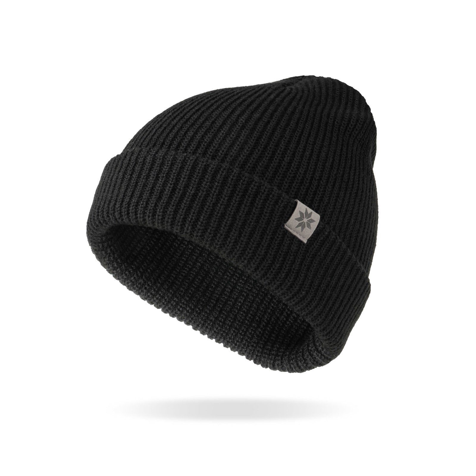 Black knit beanie on a white background