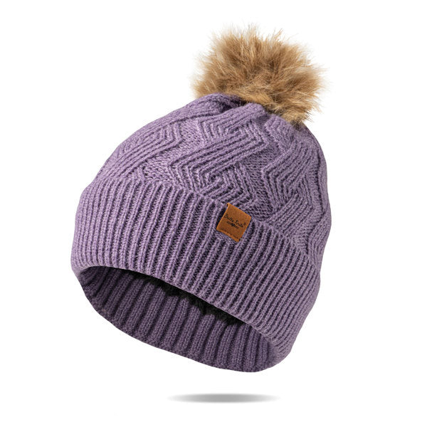 purple  Mainstay Pom Hat with faux fur pom displayed against a white background