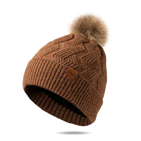 brown  Mainstay Pom Hat with faux fur pom displayed against a white background