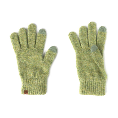 Pair of moss green gloves with touch screen tips on a white background